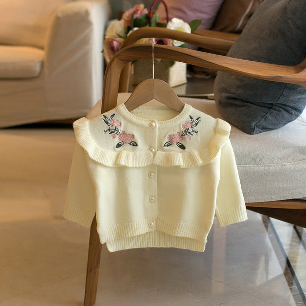 Delicate Crew Neck Embroidered Cardigan Sweater
