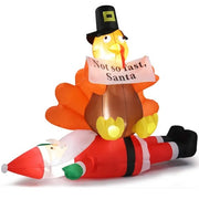 4.9 FT Lighted Christmas Inflatable Decoration, Inflatable Turkey Sitting On Santa Claus, Funny Blow Up Yard Decorations With Built-in LED Lights For Holiday Party Front Yard Lawn Garden Decor